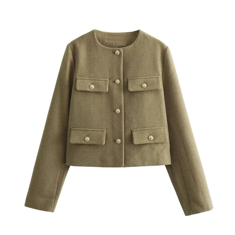 MUJER 2025 Cropped Tweed Jacket Woman Coat Button Long Sleeve Elegant Jackets For Women Short Coats Fashion New In Outerwears