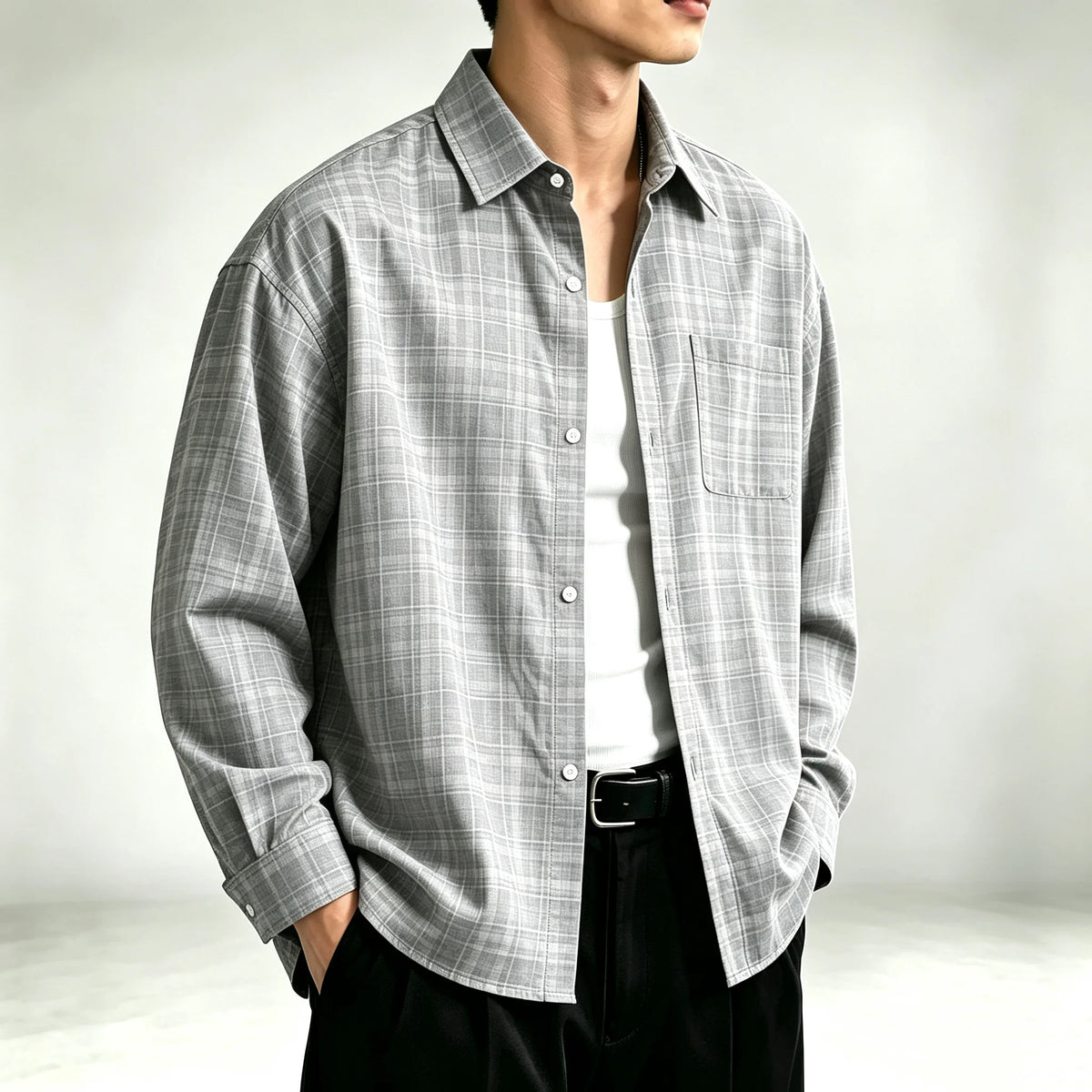 Men's Relaxed Fine-Check Plaid Shirt