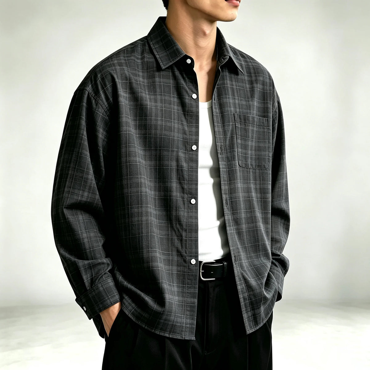 Men's Relaxed Fine-Check Plaid Shirt