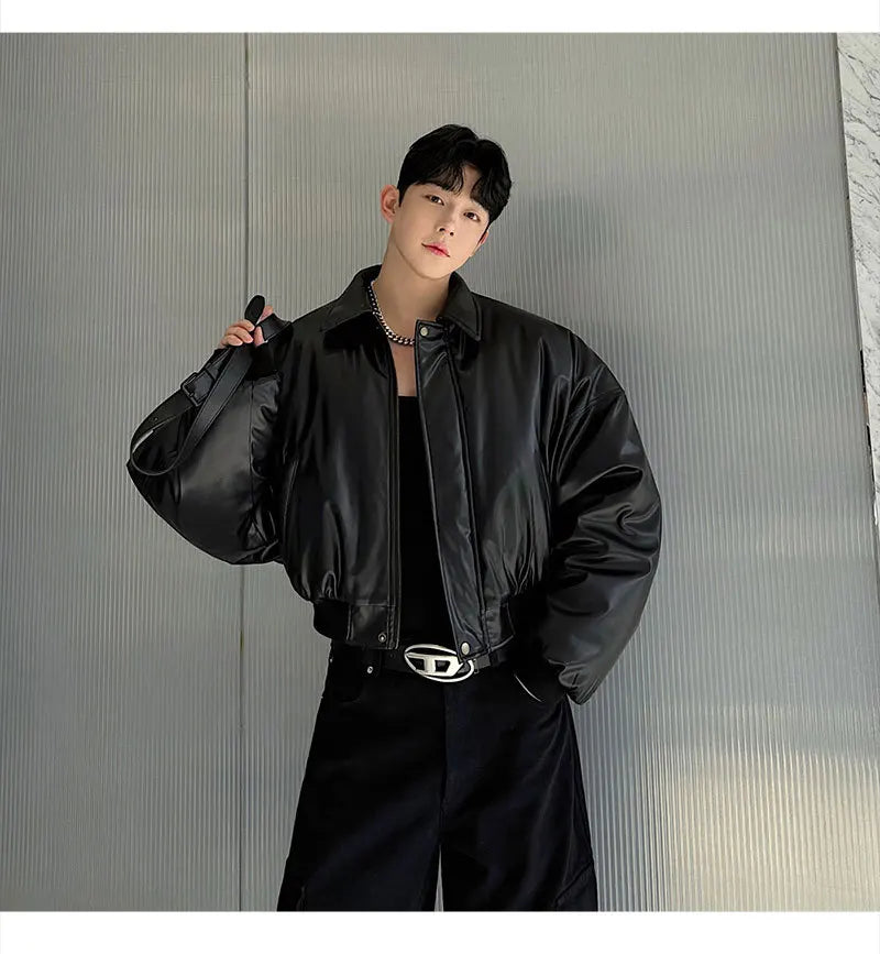 Autumn New Retro Street Short Jackets for Men Winter Korean Fashion Thick Cotton Clothing PU Leather Jacket Coats Streetwear