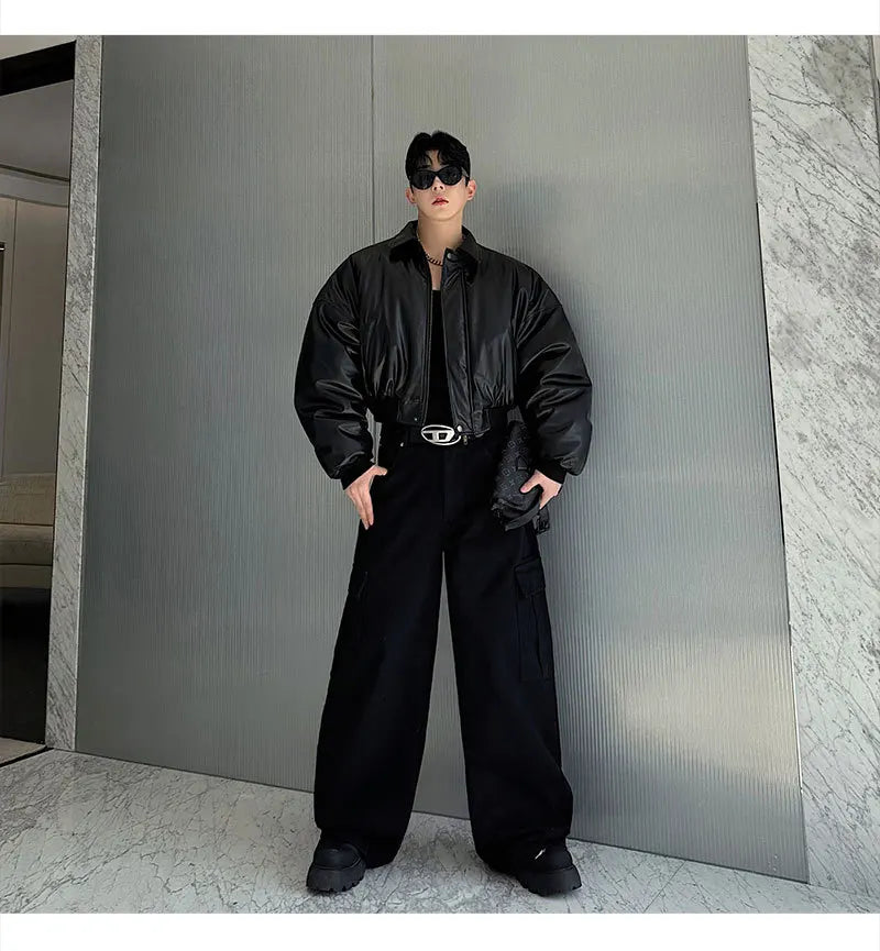 Autumn New Retro Street Short Jackets for Men Winter Korean Fashion Thick Cotton Clothing PU Leather Jacket Coats Streetwear