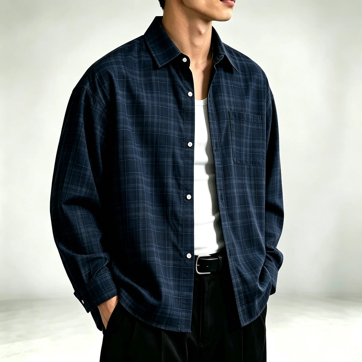 Men's Relaxed Fine-Check Plaid Shirt