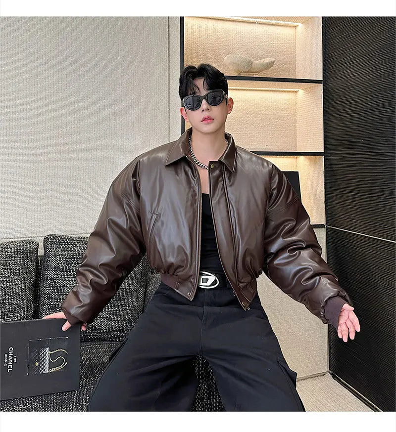 Autumn New Retro Street Short Jackets for Men Winter Korean Fashion Thick Cotton Clothing PU Leather Jacket Coats Streetwear