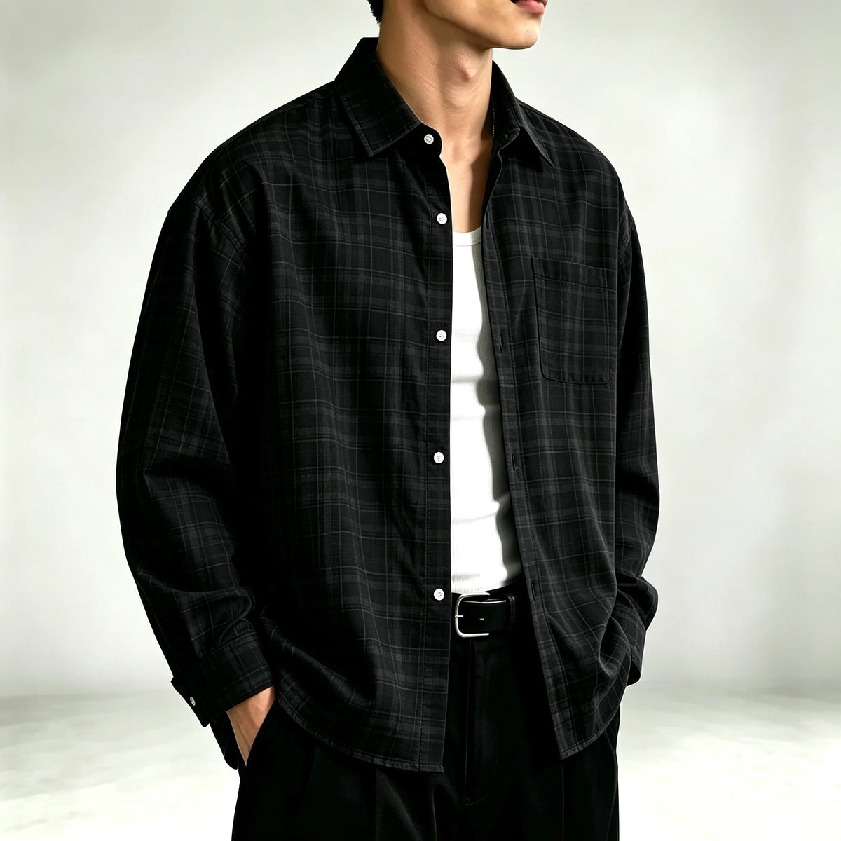 Men's Relaxed Fine-Check Plaid Shirt