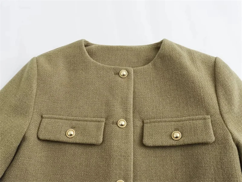 MUJER 2025 Cropped Tweed Jacket Woman Coat Button Long Sleeve Elegant Jackets For Women Short Coats Fashion New In Outerwears