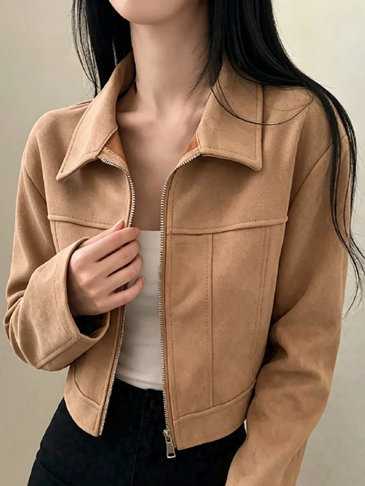 Retro Lapel Lady Short Coat Zipper Long Sleeves Patchwork Slim Fitting Jacket 2026 Spring Fall Commute Office Daily Outerwear
