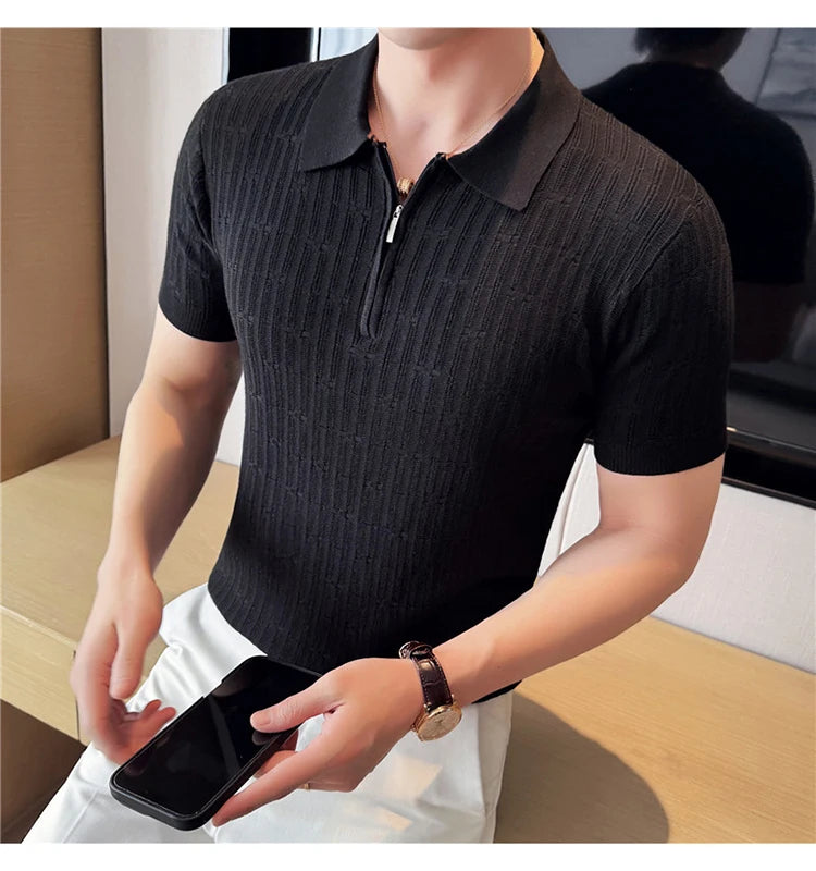 Men's Knitted Stripe Polo Shirt