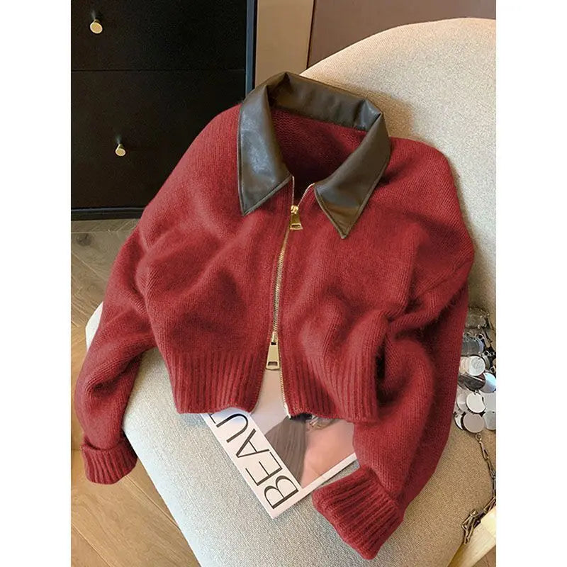 Women's Elegant Wine Red Knit Leather Lapel Collar Zip Up Ribbed Cropped Cardigan