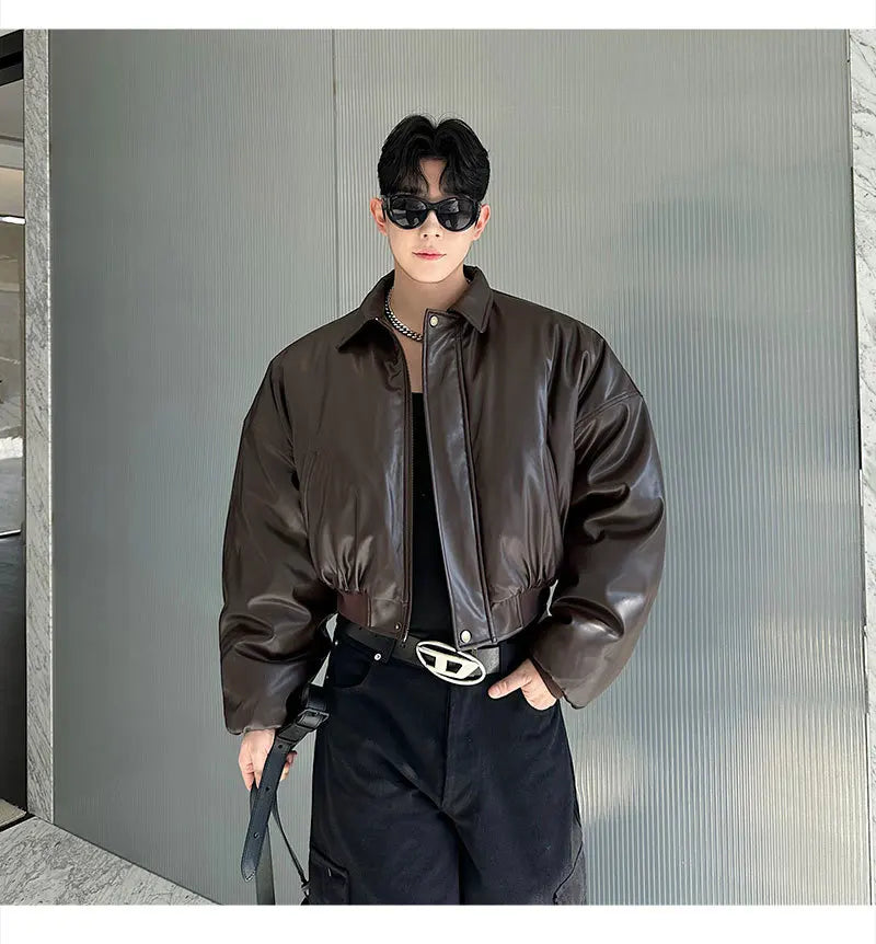 Autumn New Retro Street Short Jackets for Men Winter Korean Fashion Thick Cotton Clothing PU Leather Jacket Coats Streetwear