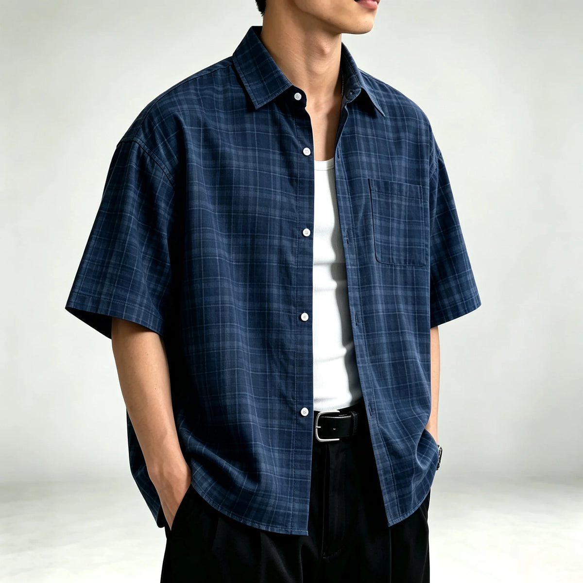 Men's Relaxed Fine-Check Plaid Shirt