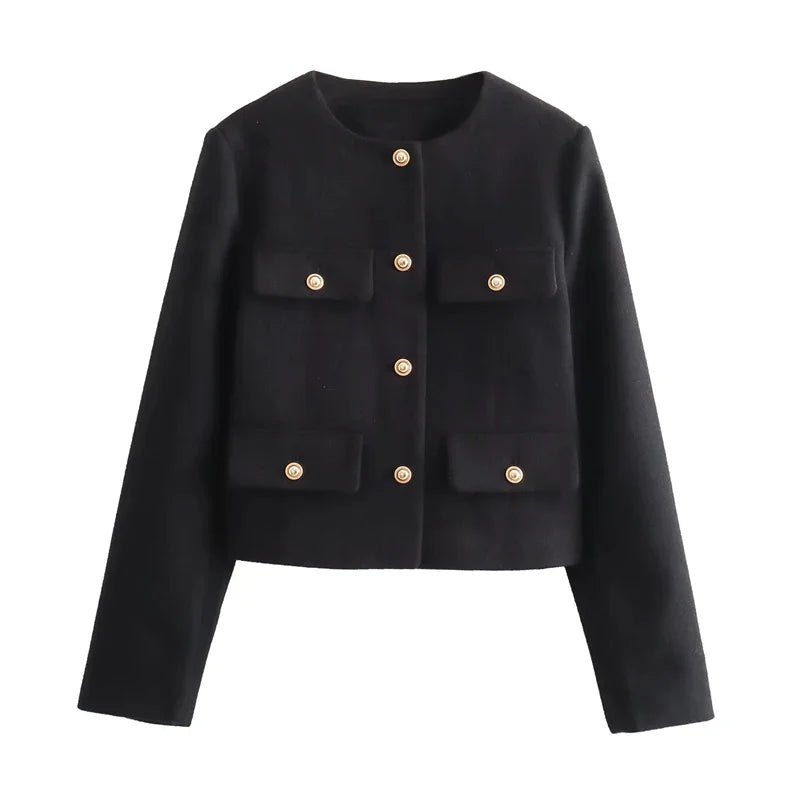 MUJER 2025 Cropped Tweed Jacket Woman Coat Button Long Sleeve Elegant Jackets For Women Short Coats Fashion New In Outerwears