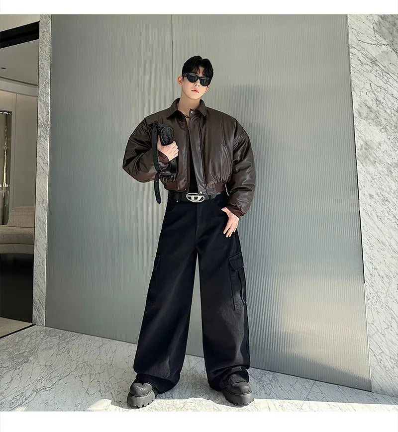 Autumn New Retro Street Short Jackets for Men Winter Korean Fashion Thick Cotton Clothing PU Leather Jacket Coats Streetwear