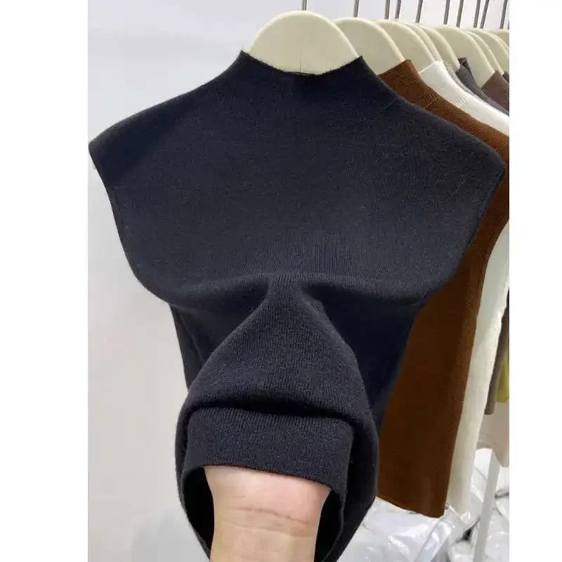 Knitted T-shirts Solid Half High Collar Sleeveless Spring Summer T Shirt For Women Fashion Basics Ropa De Mujer