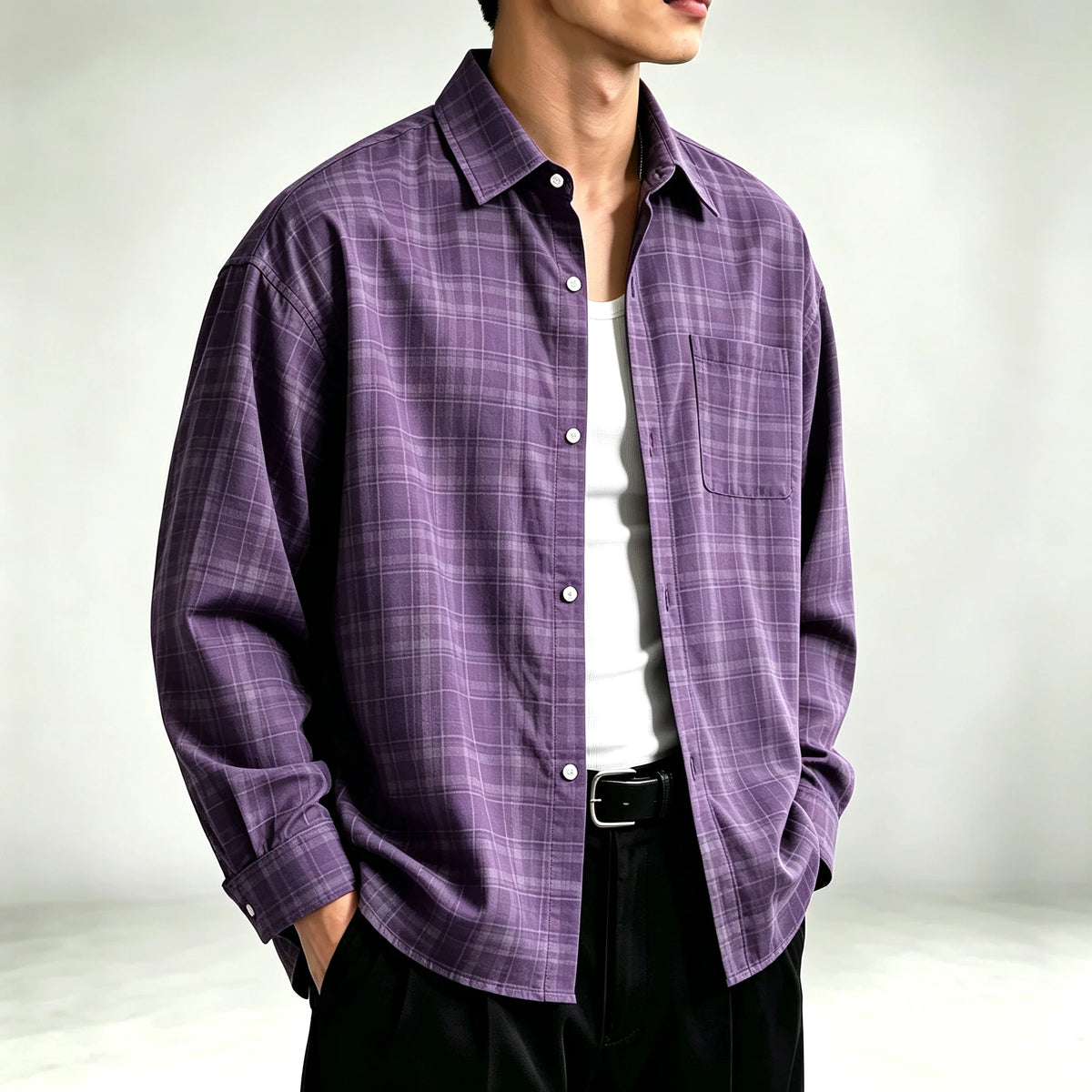 Men's Relaxed Fine-Check Plaid Shirt