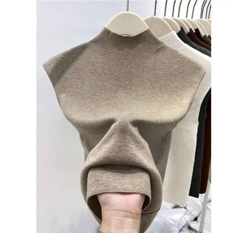 Knitted T-shirts Solid Half High Collar Sleeveless Spring Summer T Shirt For Women Fashion Basics Ropa De Mujer