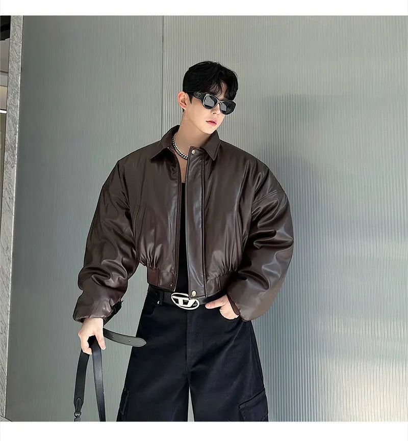 Autumn New Retro Street Short Jackets for Men Winter Korean Fashion Thick Cotton Clothing PU Leather Jacket Coats Streetwear