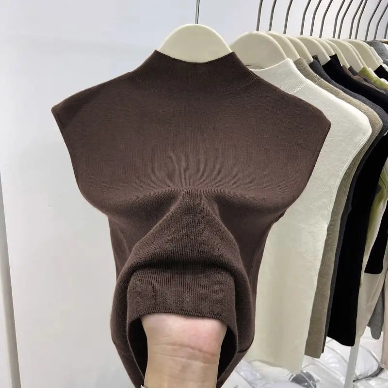 Knitted T-shirts Solid Half High Collar Sleeveless Spring Summer T Shirt For Women Fashion Basics Ropa De Mujer