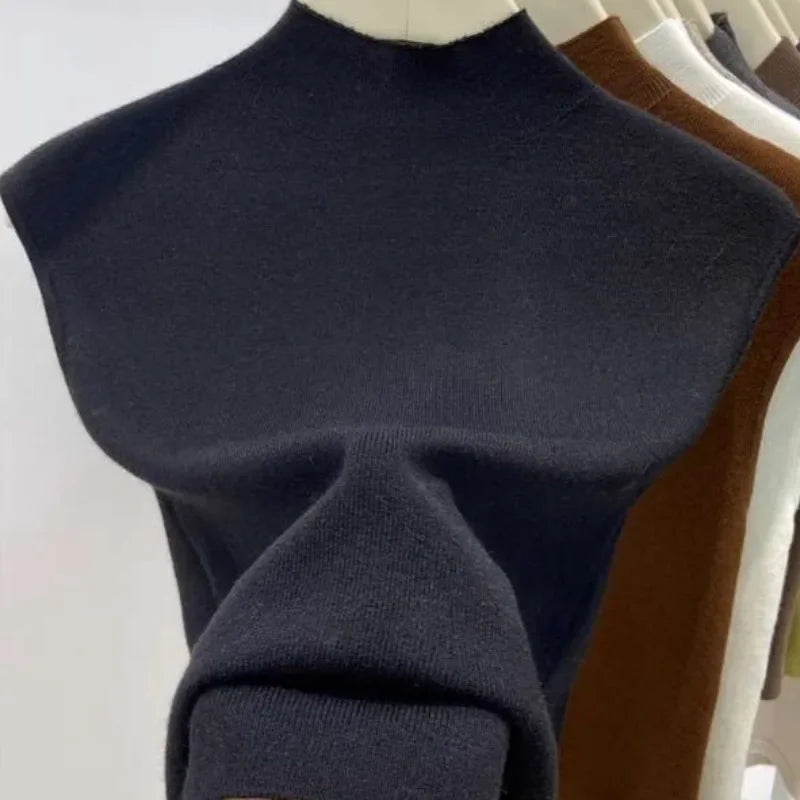 Knitted T-shirts Solid Half High Collar Sleeveless Spring Summer T Shirt For Women Fashion Basics Ropa De Mujer