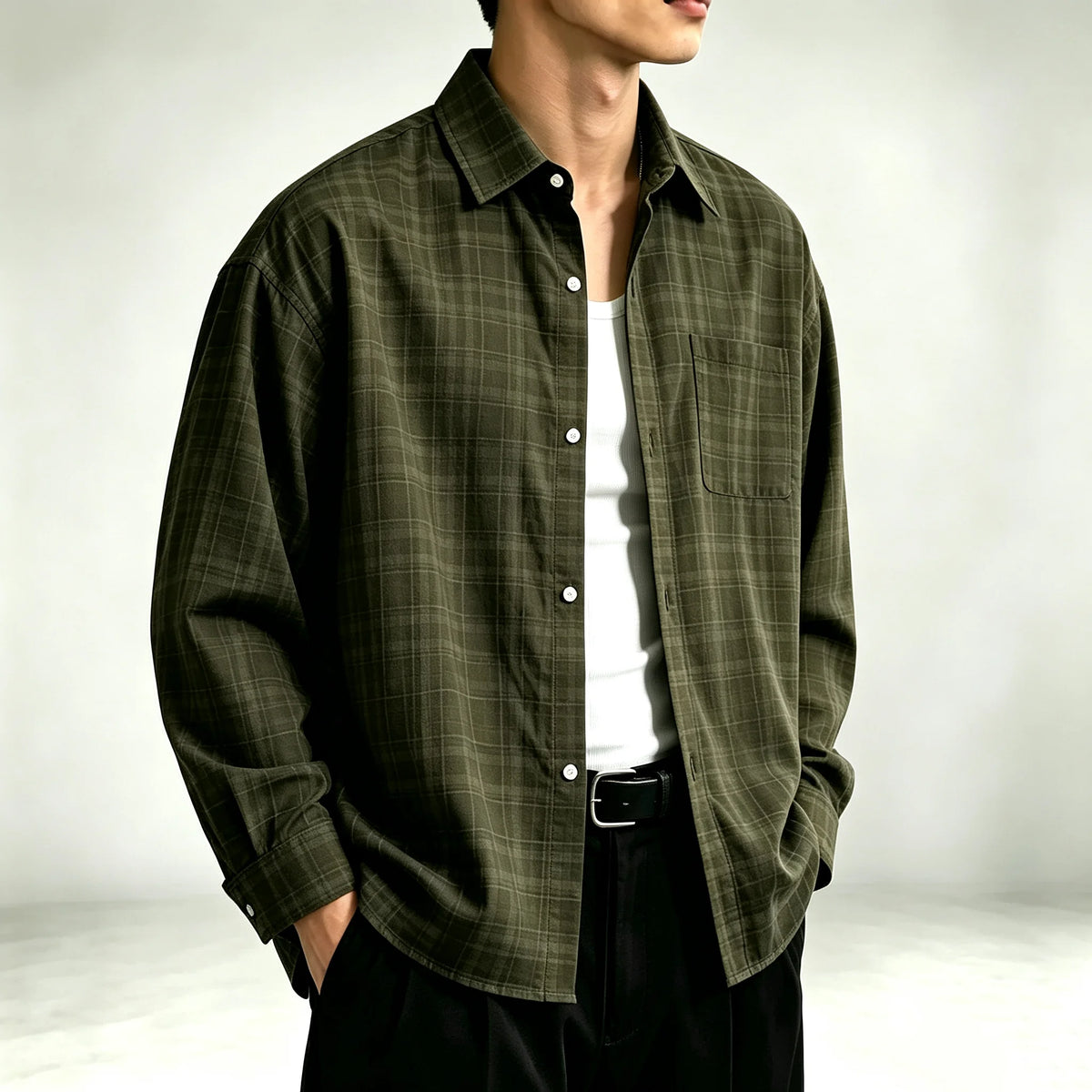 Men's Relaxed Fine-Check Plaid Shirt