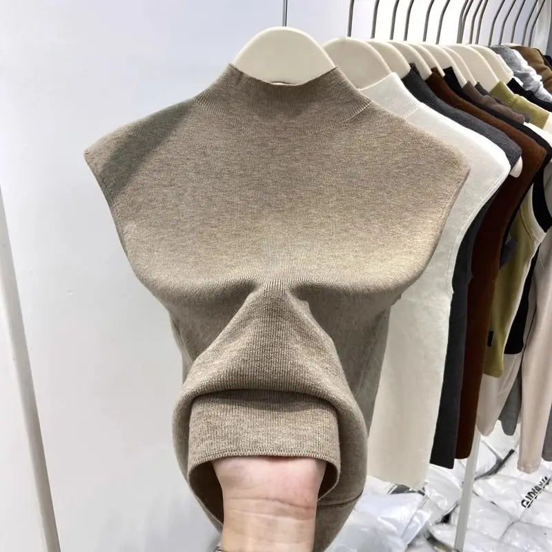 Knitted T-shirts Solid Half High Collar Sleeveless Spring Summer T Shirt For Women Fashion Basics Ropa De Mujer