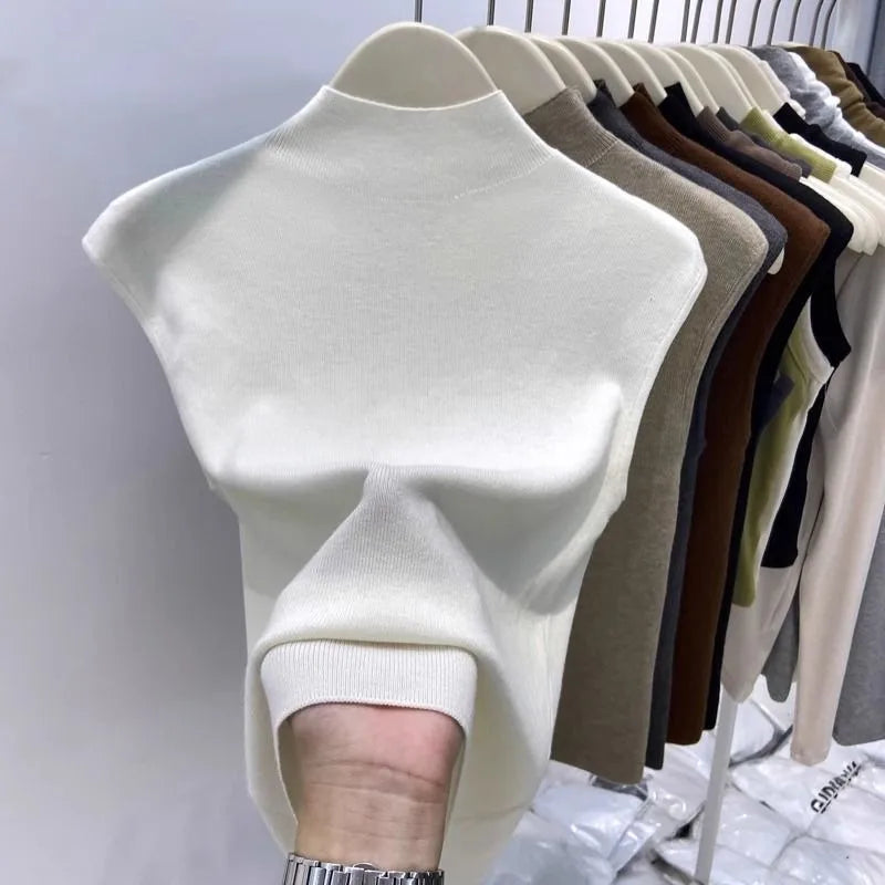 Knitted T-shirts Solid Half High Collar Sleeveless Spring Summer T Shirt For Women Fashion Basics Ropa De Mujer