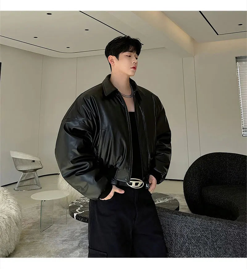 Autumn New Retro Street Short Jackets for Men Winter Korean Fashion Thick Cotton Clothing PU Leather Jacket Coats Streetwear