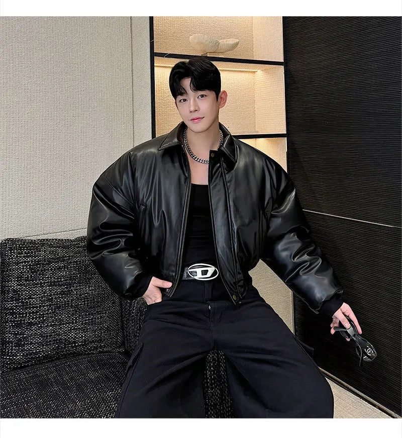 Autumn New Retro Street Short Jackets for Men Winter Korean Fashion Thick Cotton Clothing PU Leather Jacket Coats Streetwear