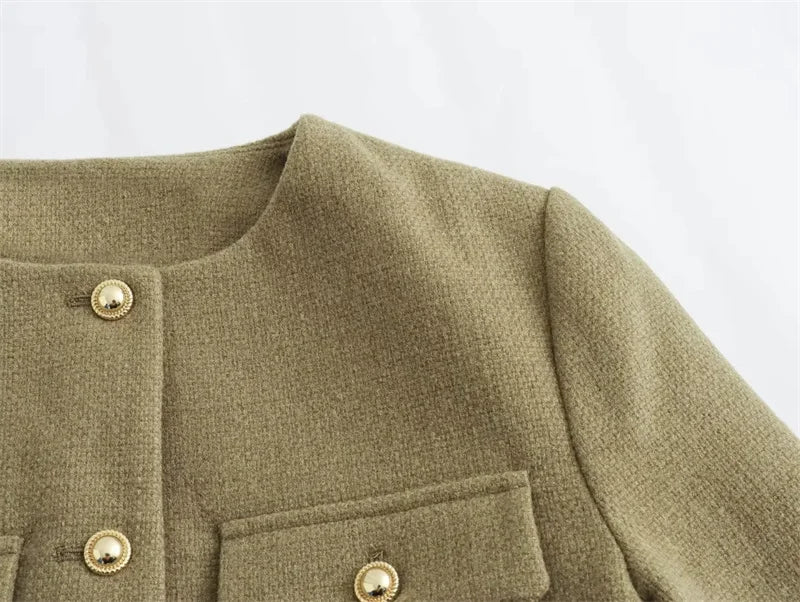 MUJER 2025 Cropped Tweed Jacket Woman Coat Button Long Sleeve Elegant Jackets For Women Short Coats Fashion New In Outerwears