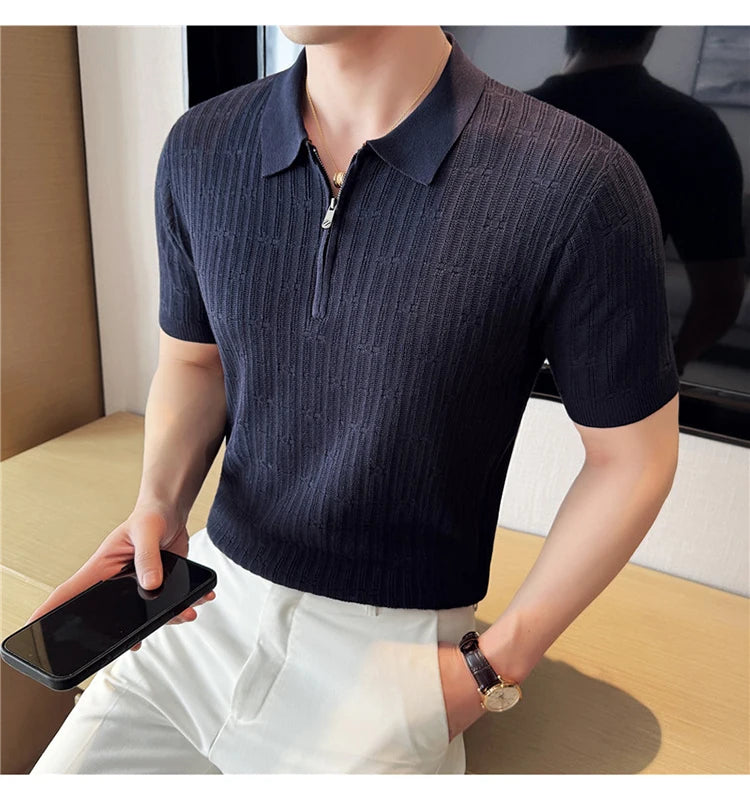 Men's Knitted Stripe Polo Shirt