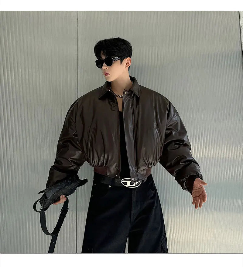 Autumn New Retro Street Short Jackets for Men Winter Korean Fashion Thick Cotton Clothing PU Leather Jacket Coats Streetwear
