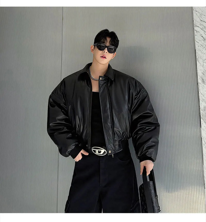 Autumn New Retro Street Short Jackets for Men Winter Korean Fashion Thick Cotton Clothing PU Leather Jacket Coats Streetwear