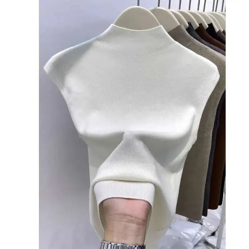 Knitted T-shirts Solid Half High Collar Sleeveless Spring Summer T Shirt For Women Fashion Basics Ropa De Mujer