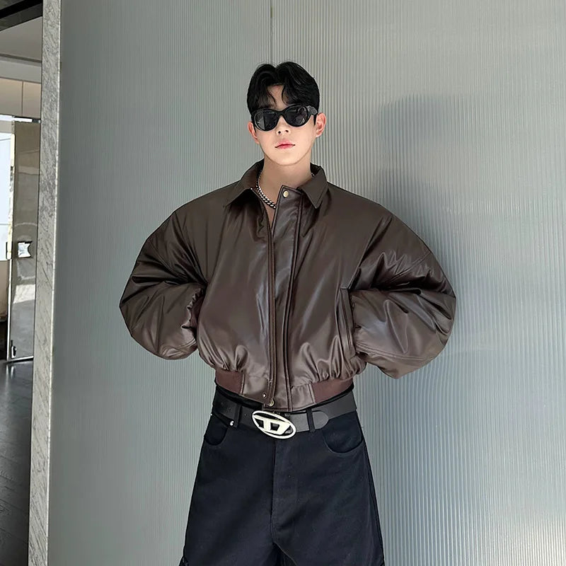Autumn New Retro Street Short Jackets for Men Winter Korean Fashion Thick Cotton Clothing PU Leather Jacket Coats Streetwear