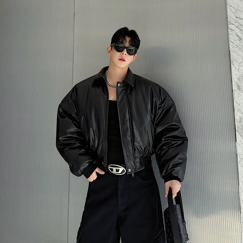 Autumn New Retro Street Short Jackets for Men Winter Korean Fashion Thick Cotton Clothing PU Leather Jacket Coats Streetwear