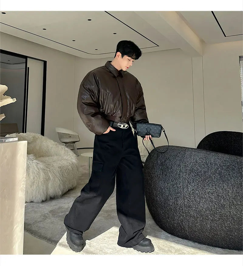 Autumn New Retro Street Short Jackets for Men Winter Korean Fashion Thick Cotton Clothing PU Leather Jacket Coats Streetwear