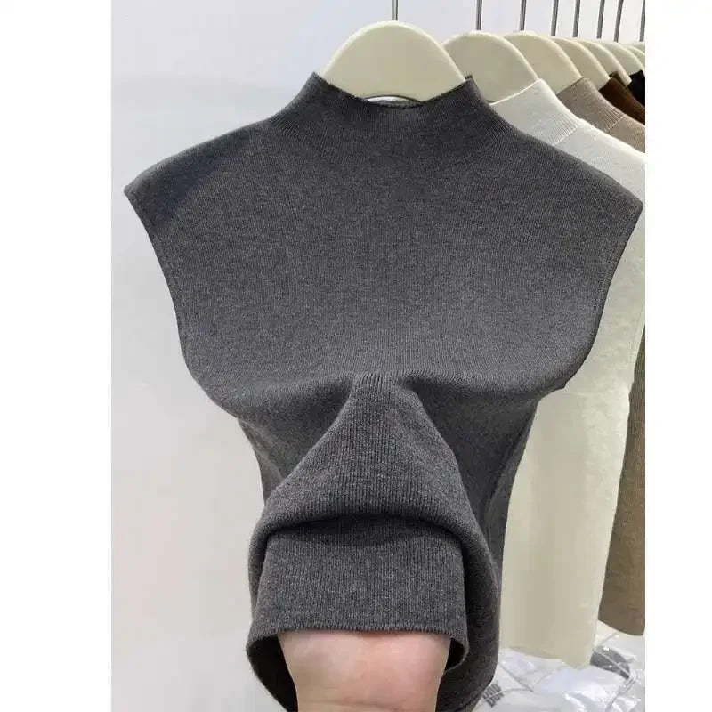 Knitted T-shirts Solid Half High Collar Sleeveless Spring Summer T Shirt For Women Fashion Basics Ropa De Mujer
