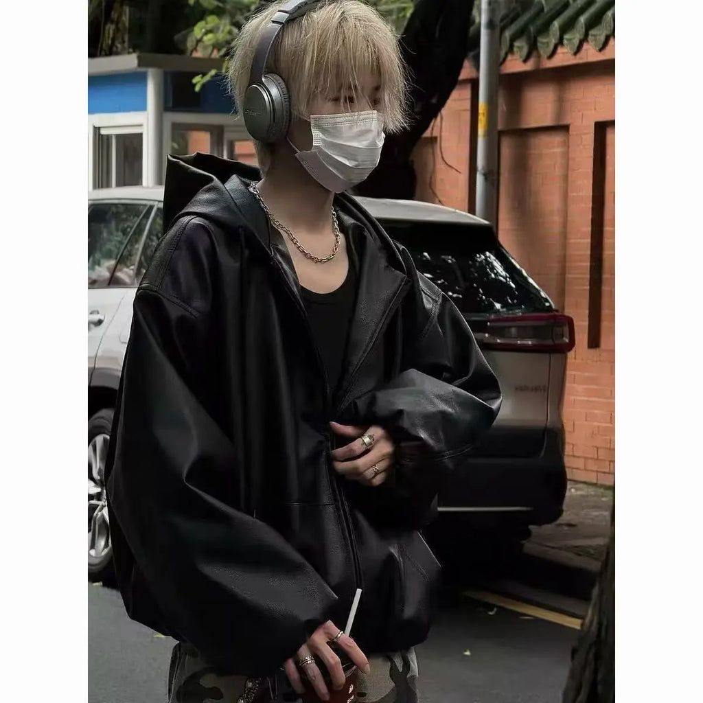 American Retro Short Hooded Jackets for  Men Autumn Winter Fashion High Street Loose PU Leather Jacket Motorcycle Jacket
