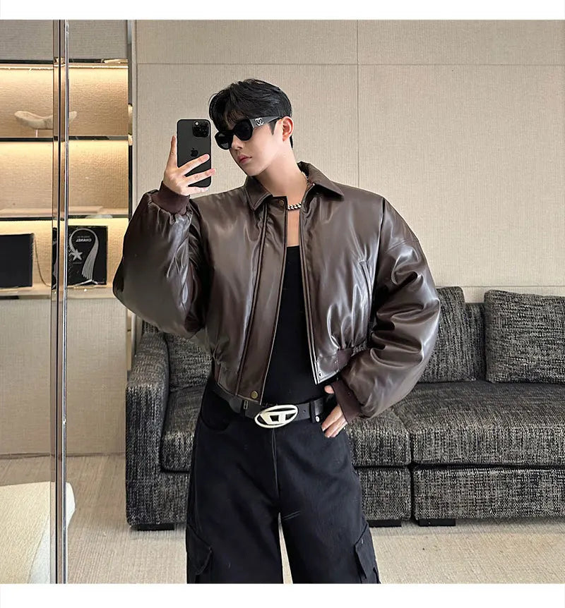 Autumn New Retro Street Short Jackets for Men Winter Korean Fashion Thick Cotton Clothing PU Leather Jacket Coats Streetwear