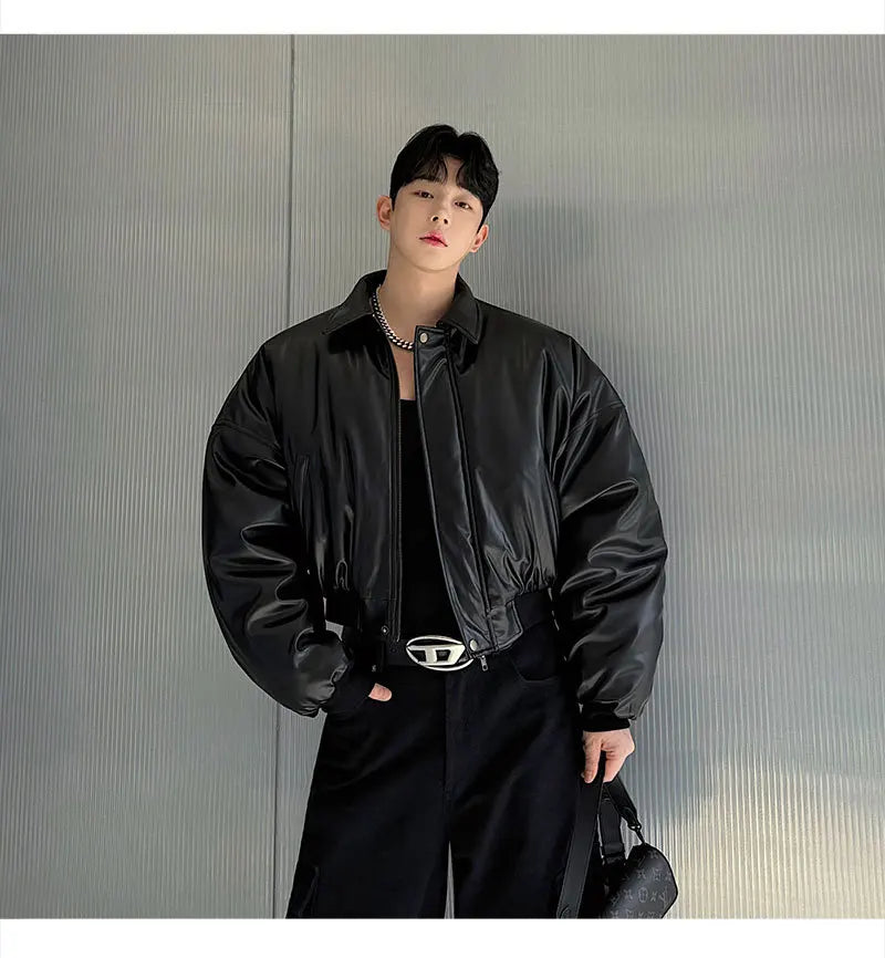 Autumn New Retro Street Short Jackets for Men Winter Korean Fashion Thick Cotton Clothing PU Leather Jacket Coats Streetwear