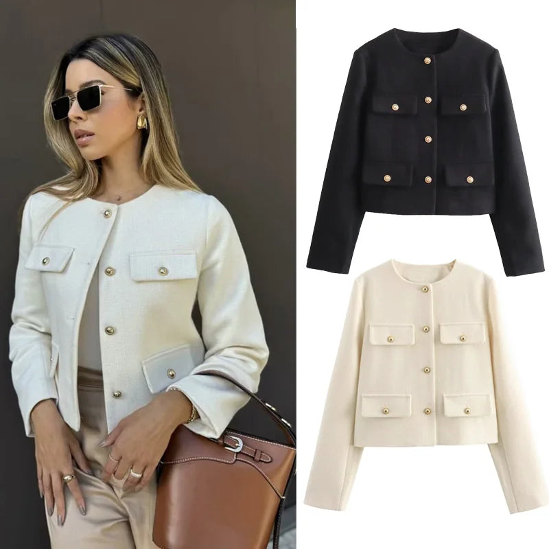 MUJER 2025 Cropped Tweed Jacket Woman Coat Button Long Sleeve Elegant Jackets For Women Short Coats Fashion New In Outerwears