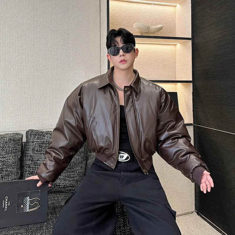 Autumn New Retro Street Short Jackets for Men Winter Korean Fashion Thick Cotton Clothing PU Leather Jacket Coats Streetwear