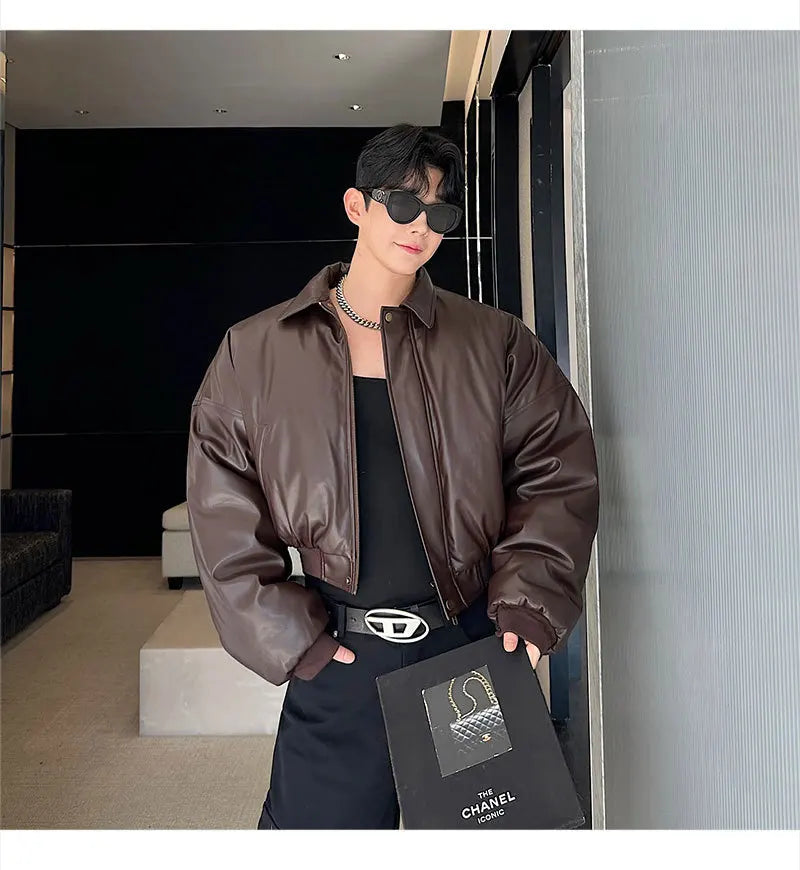 Autumn New Retro Street Short Jackets for Men Winter Korean Fashion Thick Cotton Clothing PU Leather Jacket Coats Streetwear