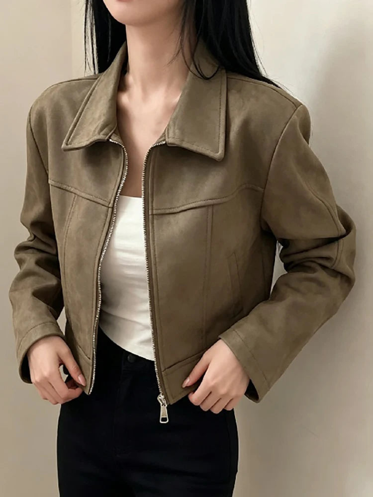 Retro Lapel Lady Short Coat Zipper Long Sleeves Patchwork Slim Fitting Jacket 2026 Spring Fall Commute Office Daily Outerwear