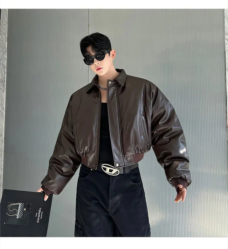 Autumn New Retro Street Short Jackets for Men Winter Korean Fashion Thick Cotton Clothing PU Leather Jacket Coats Streetwear
