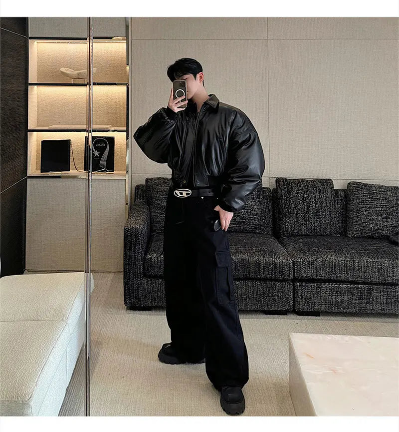 Autumn New Retro Street Short Jackets for Men Winter Korean Fashion Thick Cotton Clothing PU Leather Jacket Coats Streetwear