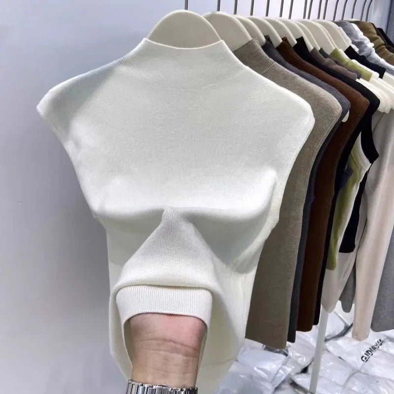 Knitted T-shirts Solid Half High Collar Sleeveless Spring Summer T Shirt For Women Fashion Basics Ropa De Mujer