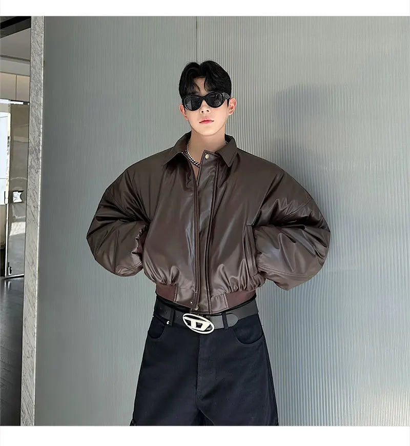 Autumn New Retro Street Short Jackets for Men Winter Korean Fashion Thick Cotton Clothing PU Leather Jacket Coats Streetwear