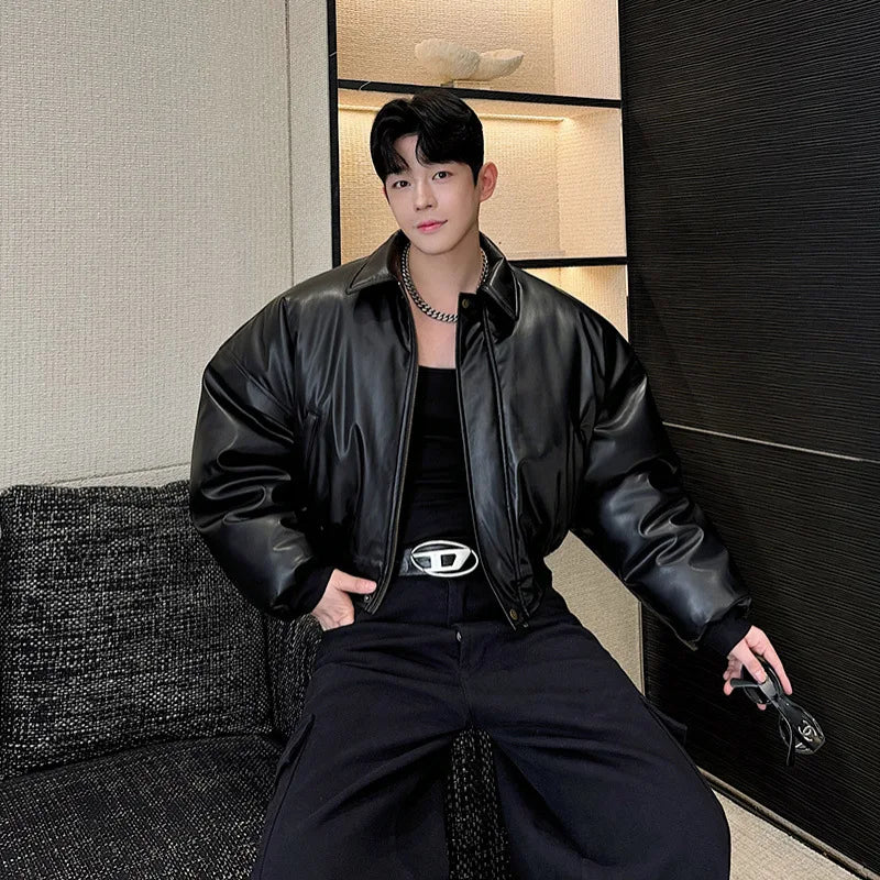 Autumn New Retro Street Short Jackets for Men Winter Korean Fashion Thick Cotton Clothing PU Leather Jacket Coats Streetwear