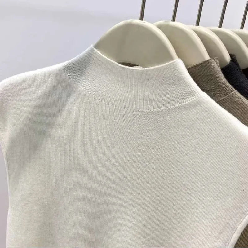 Knitted T-shirts Solid Half High Collar Sleeveless Spring Summer T Shirt For Women Fashion Basics Ropa De Mujer