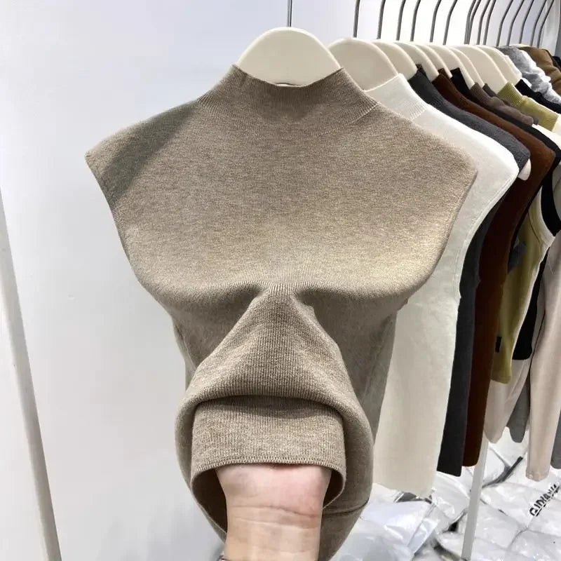 Knitted T-shirts Solid Half High Collar Sleeveless Spring Summer T Shirt For Women Fashion Basics Ropa De Mujer